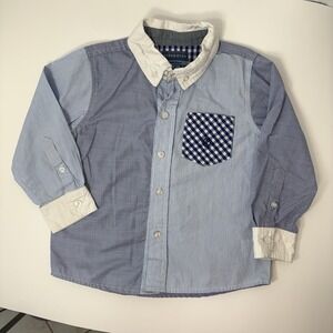 Andy & Evan Boy's Fun Shirt - Blue Patchwork Gingham Stripe Button Down 3T
